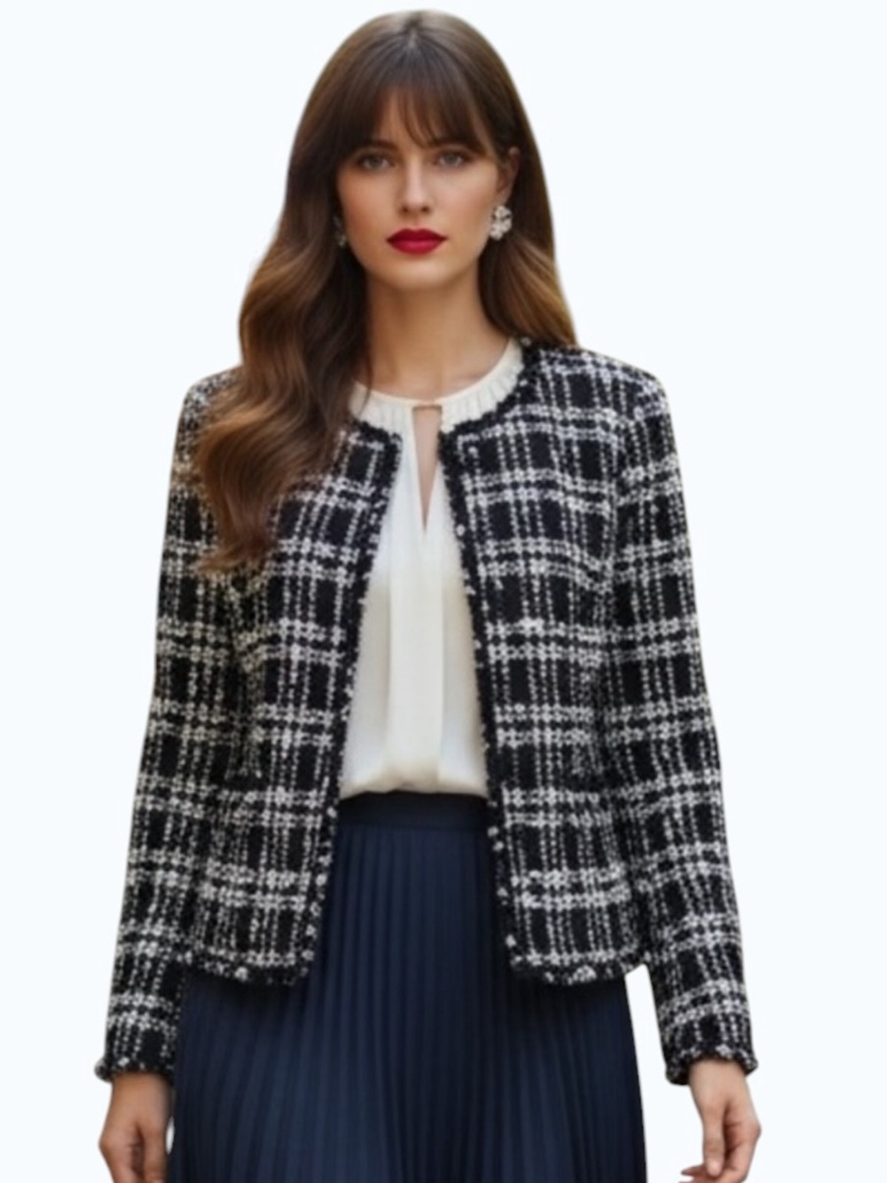 JM Collection Tweed Button Front Blazer Jacket Black White M Petite